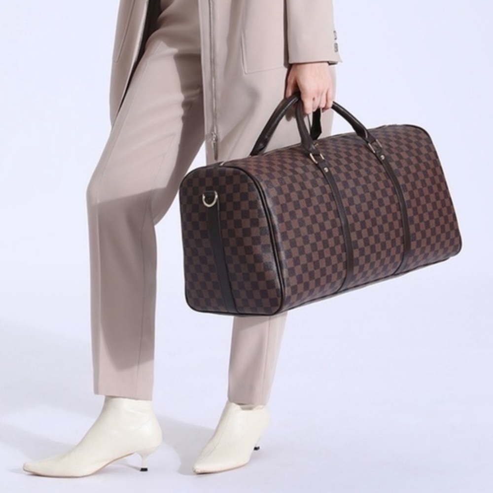 Brown Check Travel Duffel Bag - Classic Checkerboard Carryall - Picture 3 of 7